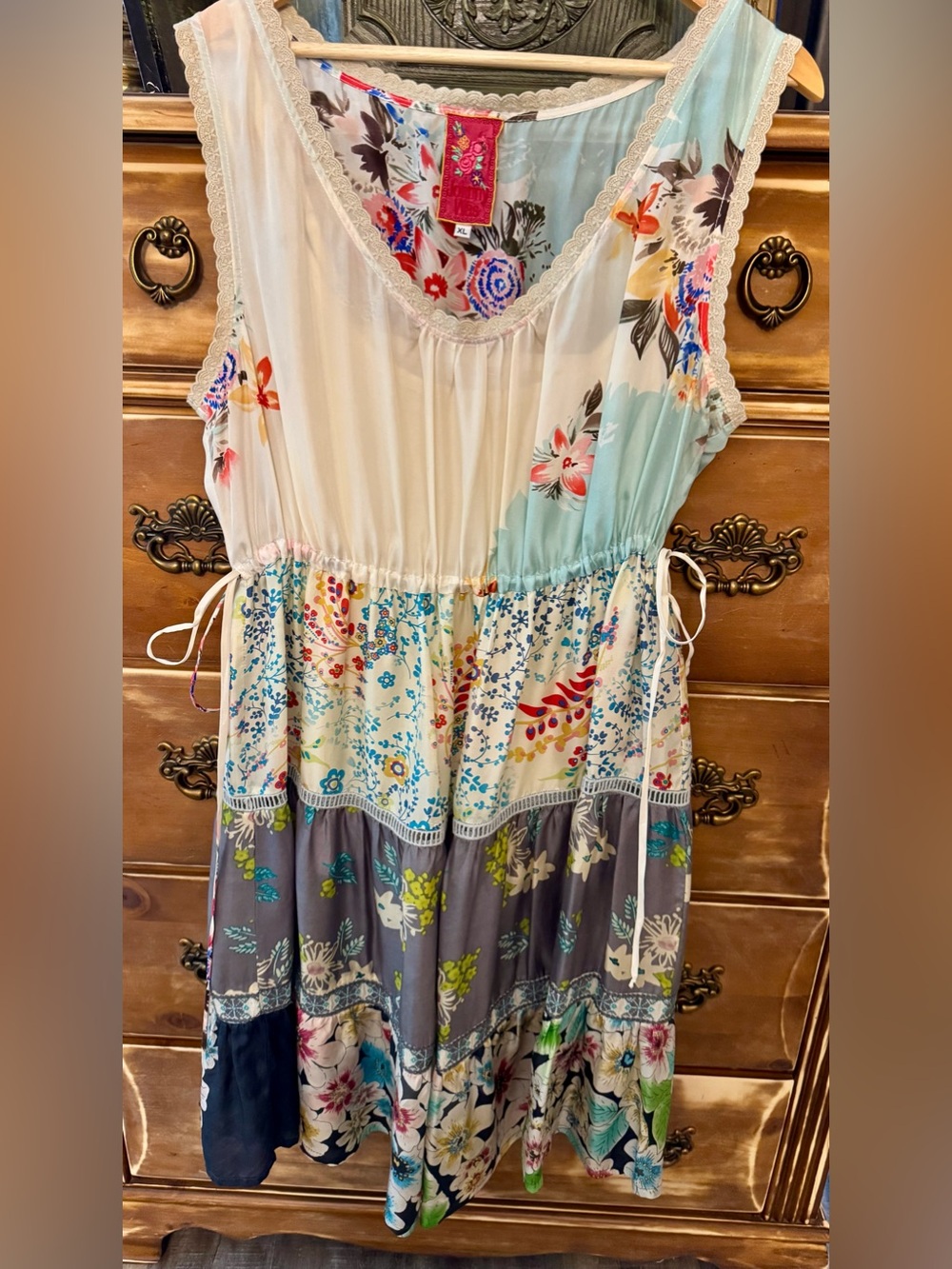 Johnny Was 100% Silk Tiered Mixed Print Dress with Tank Slip Set XL